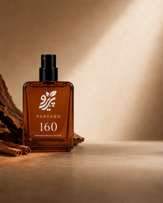 Pareero 160 inspired by Spicebomb editorial catalog fragrance image with cinnamon and warm neutral negative space