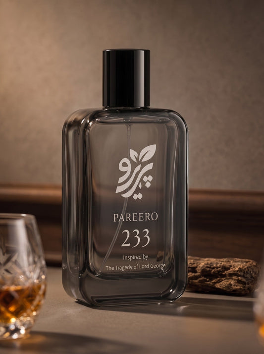 Pareero 233 inspired by The Tragedy of Lord George refined fragrance scene with warm wood, glassware, and oud