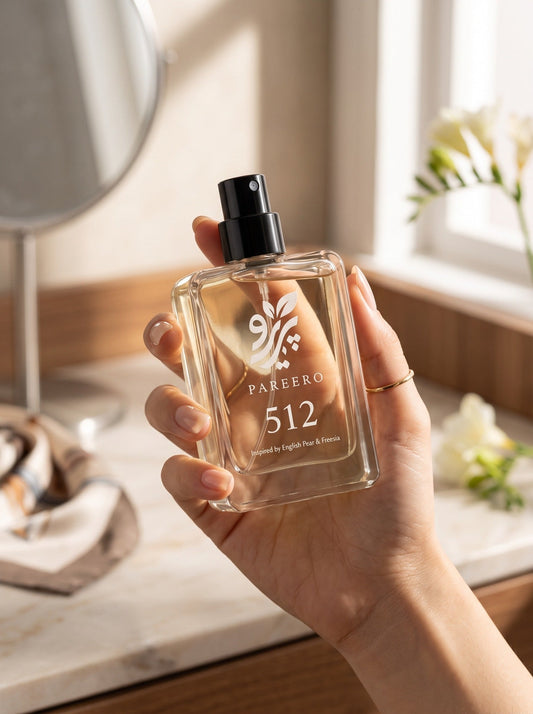 Woman holding Pareero 512 English Pear and Freesia perfume bottle in a bright vanity setting