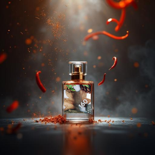 "160 – Inspired by Spicebomb by Viktor&Rolf, a long-lasting warm spicy men’s perfume featuring cinnamon, chili, saffron, leather, and tobacco notes. Displayed in a high-end masculine luxury perfume background."