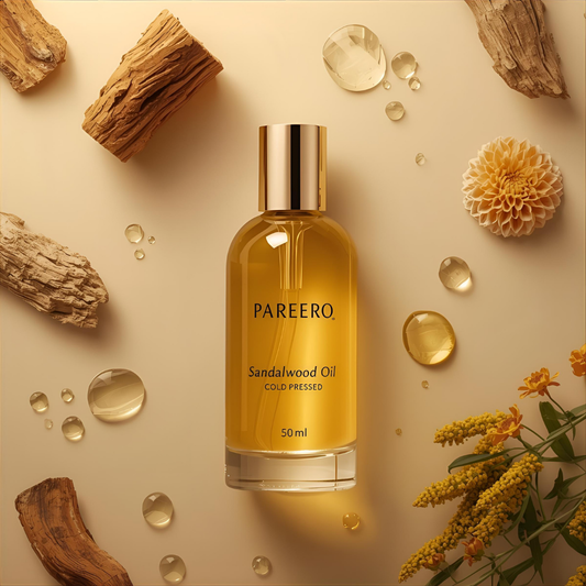 Pareero Sandalwood Oil Cold Pressed 50ml — 100% pure and natural oil for moisturizing, soothing, and rejuvenating skin, reducing blemishes and fine lines, calming irritation, and promoting healthy, radiant skin. Premium cold-pressed formula ideal for skincare, haircare, and body care.