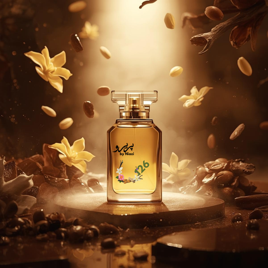 "126 – Inspired by Vanilla Sex by Tom Ford, a premium feminine fragrance featuring creamy vanilla pods, warm tonka bean, soft caramel, amber, and delicate woody notes. Displayed in glossy dark chocolate and caramel-toned cinematic background, perfect for high-end perfume campaigns."