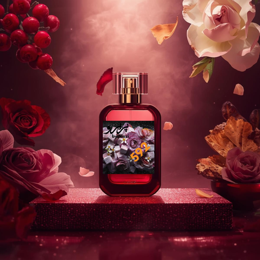 "592 – Inspired by Don’t Need A Prince by Kilian, a premium feminine fragrance featuring rich red berries, delicate floral notes of rose and peony, creamy vanilla, warm amber, and subtle musk. Displayed in a deep burgundy and ruby-toned cinematic background, perfect for high-end perfume campaigns."