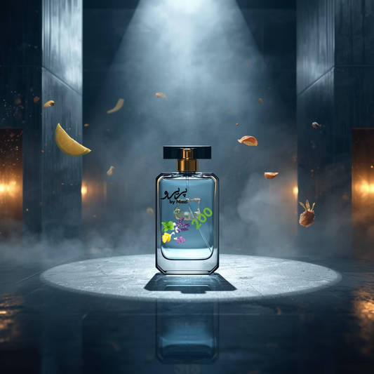 "200 – Inspired by 212 Men by Carolina Herrera, a premium masculine fragrance featuring fresh citrus and bergamot, spicy ginger and cardamom, warm cedarwood and amber, and subtle musk notes. Displayed in a reflective metallic and modern cinematic background, perfect for high-end perfume campaigns."