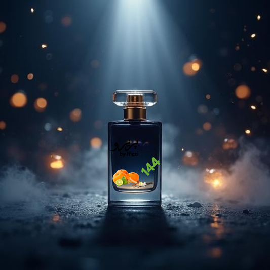 "144 – Inspired by Sauvage Elixir by Dior, a premium masculine fragrance featuring fresh bergamot and grapefruit, spicy star anise, warm amber, rich vanilla, and subtle woody accents. Displayed in a deep midnight blue and black cinematic background, perfect for high-end perfume campaigns."