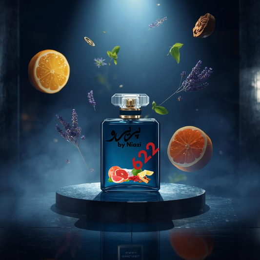 "622 – Inspired by Bleu de Chanel, a premium masculine fragrance featuring fresh citrus, grapefruit, aromatic lavender and mint, warm sandalwood, cedar, and subtle musk notes. Displayed in a deep midnight blue cinematic background, perfect for high-end perfume campaigns."