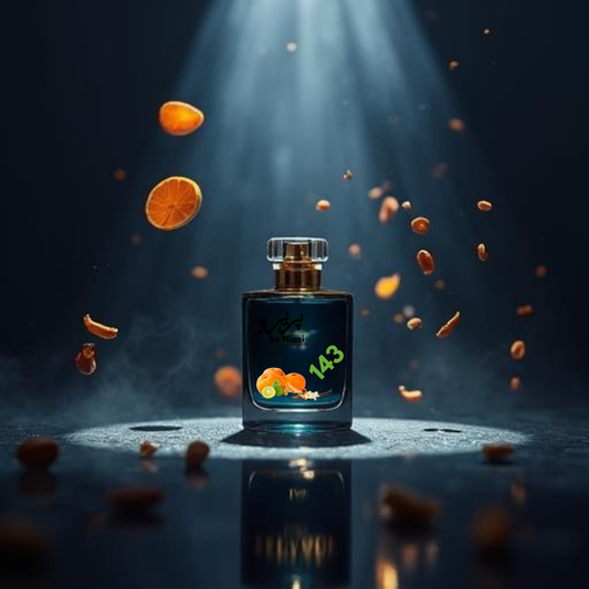 "143 – Inspired by Sauvage by Dior, a premium masculine fragrance featuring bergamot, grapefruit, star anise, amber, cedarwood, and musk notes. Displayed in a cinematic dark-blue and metallic background, perfect for high-end perfume campaigns."