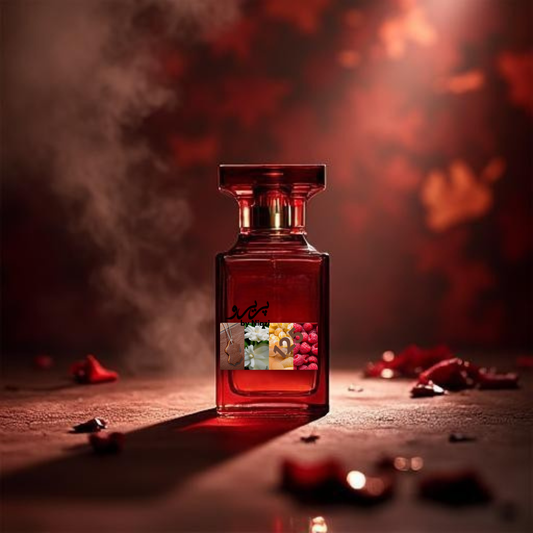 "Tuscan Leather Intense by Tom Ford, a premium niche masculine fragrance featuring rich leather, saffron, raspberry, smoky birchwood, cedar, amber, and musk notes. Displayed in a luxurious dark mahogany and burgundy cinematic background."