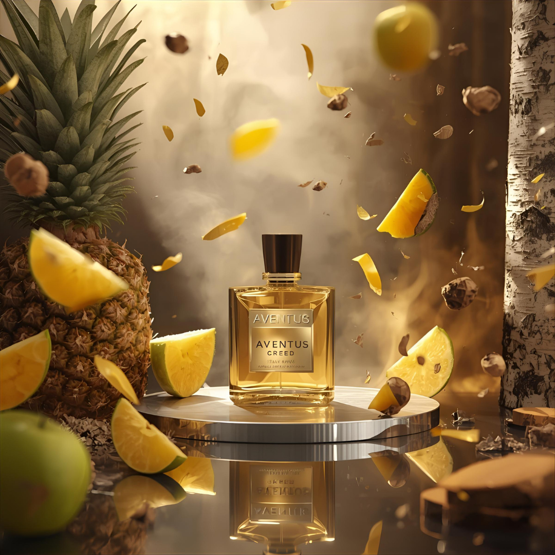 "Pareero Aventus-inspired luxury perfume with pineapple, birch wood, musk, and green apple notes, premium masculine fragrance bottle."