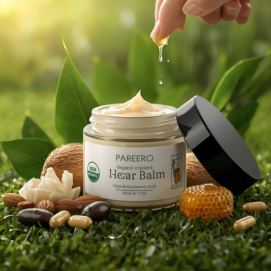 “Pareero Organic Cracked Heel Balm with beeswax, shea butter, coconut oil, almond oil, olive oil, tea tree, neem, peppermint, and vitamin E – intensive repair for dry, cracked heels.”