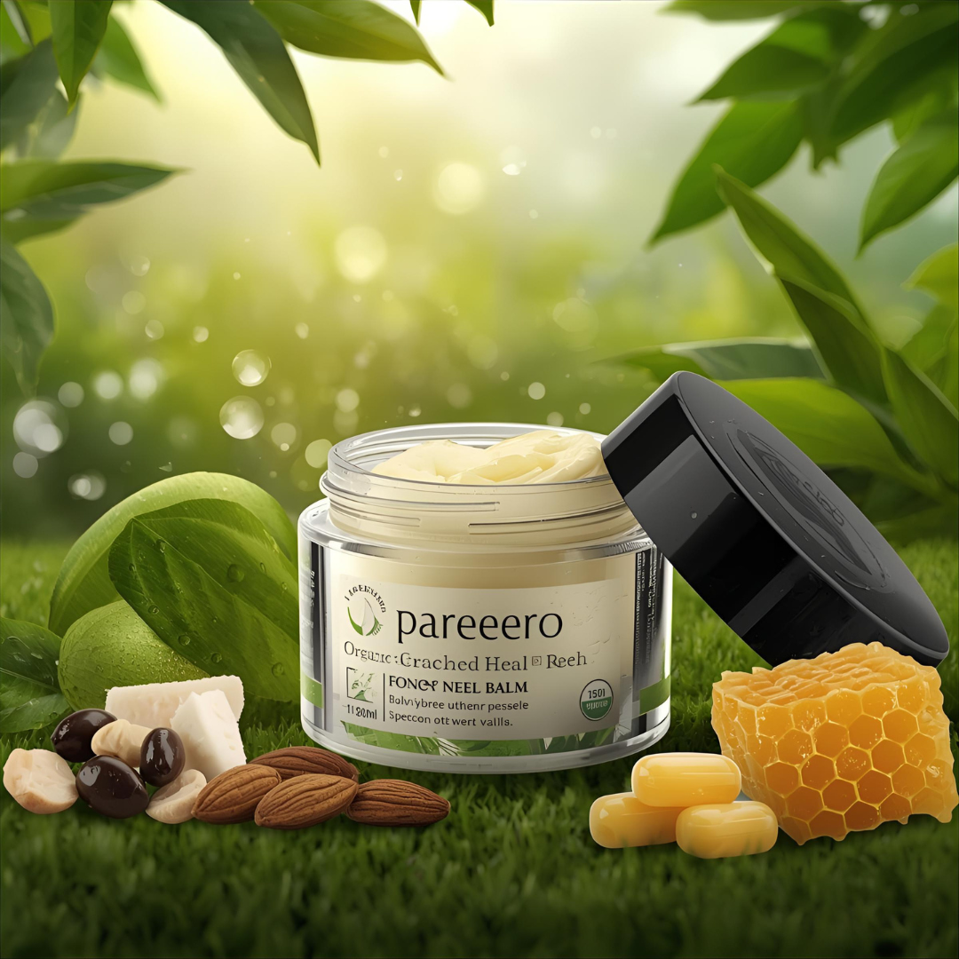 “Pareero Organic Cracked Heel Balm with beeswax, shea butter, coconut oil, almond oil, olive oil, tea tree, neem, peppermint, and vitamin E – intensive repair for dry, cracked heels.”