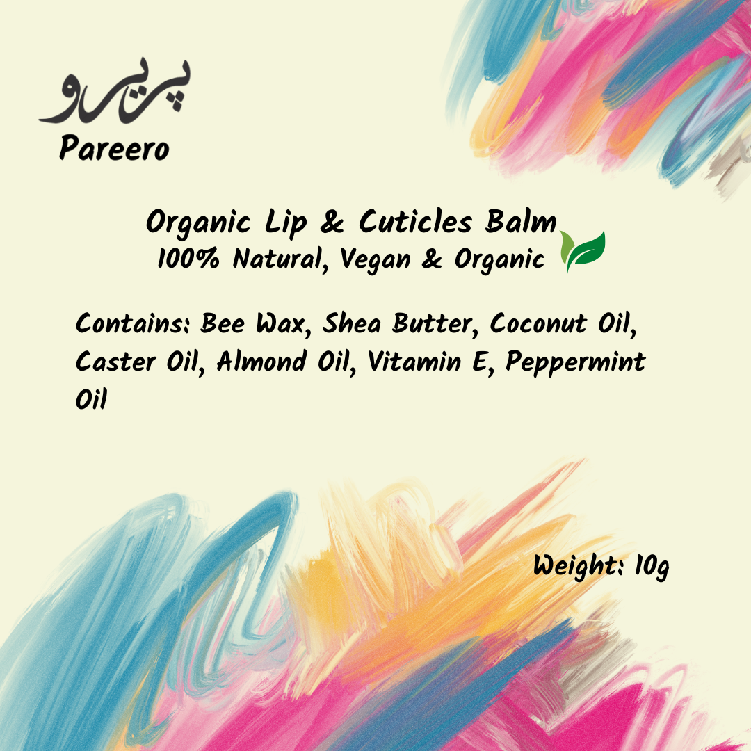 “Pareero Organic Lip & Cuticles Balm – natural vegan formula with beeswax, shea butter, coconut oil, almond oil, castor oil, peppermint oil, and vitamin E.”