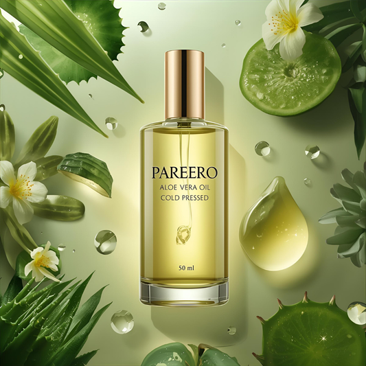 Pareero Aloe Vera Oil Cold Pressed 50ml — 100% pure and organic soothing oil for deep hydration, calming irritated skin, and promoting a natural glow. Helps heal dryness, sunburn, and inflammation while nourishing hair and scalp. Premium cold-pressed formula ideal for skincare, haircare, and body care.