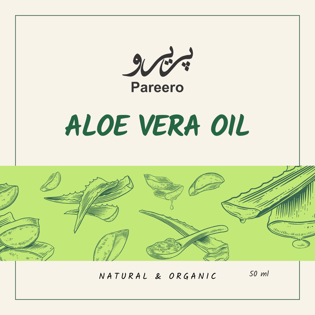 Pareero Aloe Vera Oil Cold Pressed 50ml — 100% pure and organic soothing oil for deep hydration, calming irritated skin, and promoting a natural glow. Helps heal dryness, sunburn, and inflammation while nourishing hair and scalp. Premium cold-pressed formula ideal for skincare, haircare, and body care.