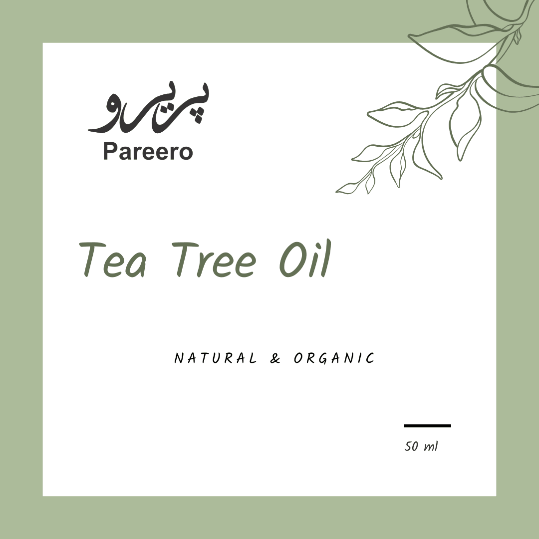 Pareero Tea Tree Oil Cold Pressed 50ml — 100% pure and organic antibacterial oil for acne treatment, scalp care, and skin purification. Helps reduce pimples, dandruff, and irritation while soothing and balancing oily skin. Premium cold-pressed formula ideal for skincare, haircare, and body care.