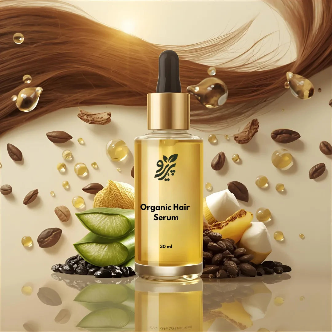 Pareero Organic Hair Serum with argan oil, jojoba oil, castor oil, black seed oil, aloe vera, and vitamin E – natural shine and hair growth treatment.