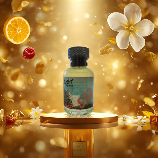 "Pareero Lady Million-inspired luxury perfume with orange blossom, raspberry, jasmine, neroli, honey, patchouli, and amber notes, glamorous fragrance bottle."