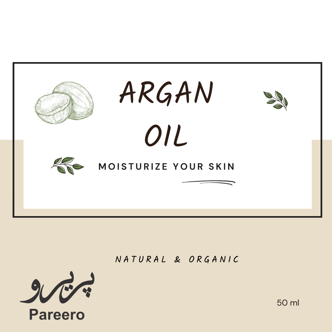 Pareero Argan Oil Cold Pressed 50ml — 100% pure and organic oil for deeply moisturizing and nourishing skin and hair, reducing dryness and fine lines, promoting healthy, radiant skin, strengthening hair, and enhancing natural glow. Premium cold-pressed formula ideal for daily skincare, haircare, and body care.