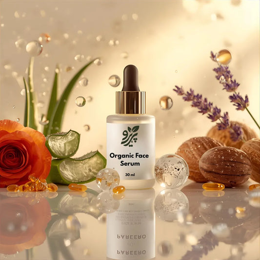 Pareero Organic Face Serum with rosehip oil, aloe vera, jojoba, argan oil, lavender essential oil, vitamin E, and hyaluronic acid – natural glow and hydration.