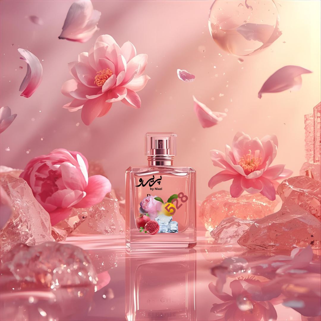 "528 Inspired by Bright Crystal Versace – a fresh feminine perfume with pomegranate, yuzu citrus, peony, magnolia, and soft musk. Luxury pink crystal fragrance bottle in a bright, elegant floral background."