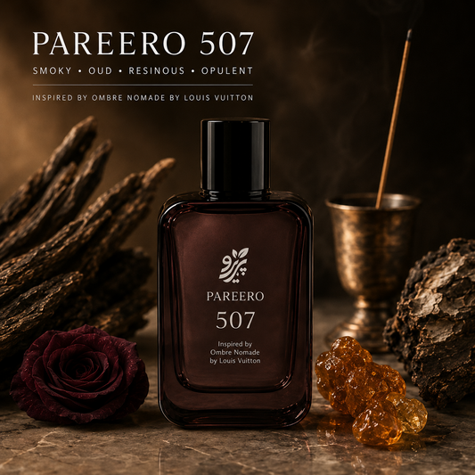 PAREERO 507 smoky oud fragrance campaign with dark rose, resin and incense