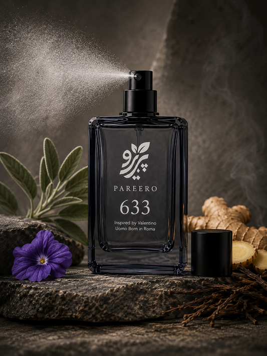 PAREERO 633 Valentino Uomo Born in Roma inspired fragrance spraying over a dark stone setting with sage, violet flower, ginger and vetiver