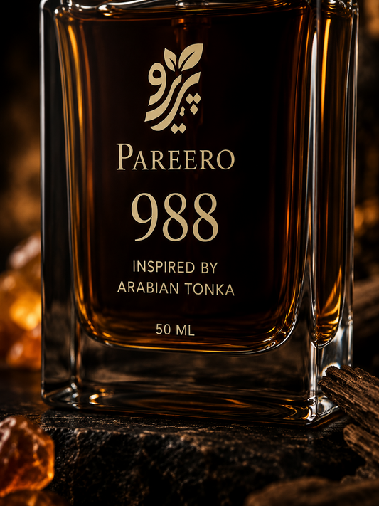 Close-up label detail of Pareero 988 Inspired by Arabian Tonka 50 ml perfume bottle