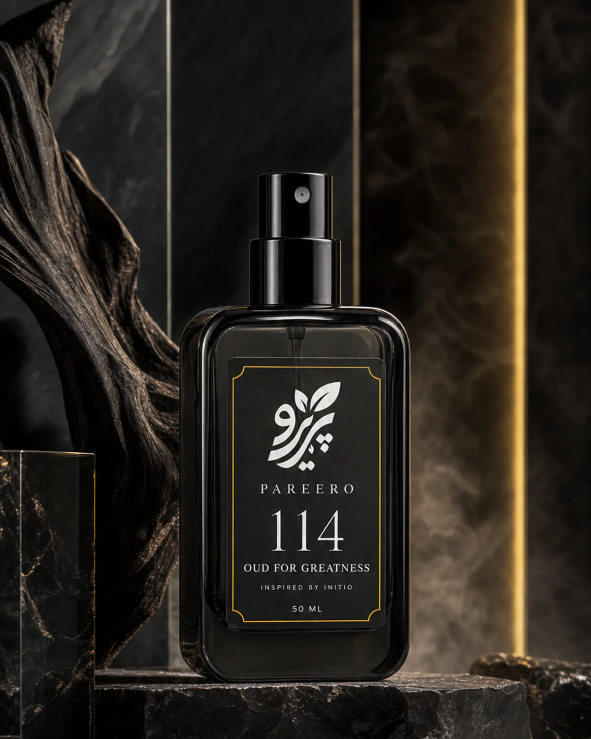 Pareero 114 inspired by Oud for Greatness hero fragrance image in black oud wood and gold lighting