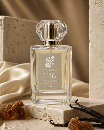Pareero 126 inspired by Vanilla Sex hero fragrance image with vanilla pods, amber resin, satin, and warm travertine