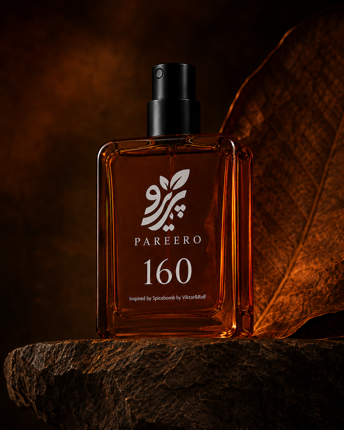 Pareero 160 inspired by Spicebomb hero fragrance image in warm amber light with a dark botanical backdrop