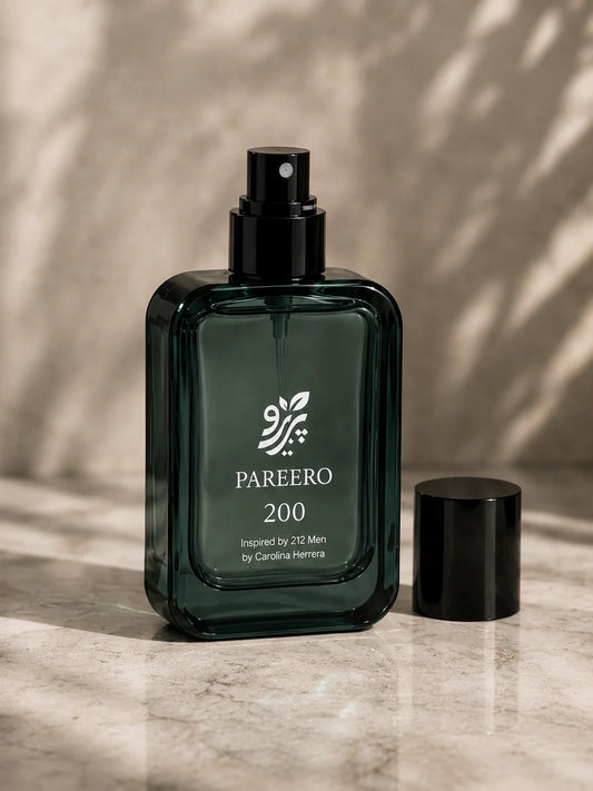 Pareero 200 inspired by 212 Men clean catalog fragrance image with cap removed on warm stone