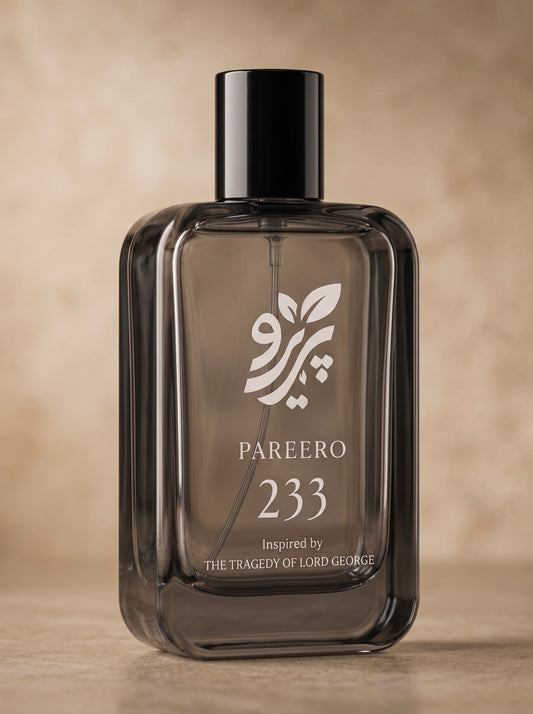 Pareero 233 inspired by The Tragedy of Lord George clean catalog fragrance image on a warm neutral background