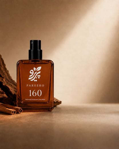 Pareero 160 inspired by Spicebomb editorial catalog fragrance image with cinnamon and warm neutral negative space