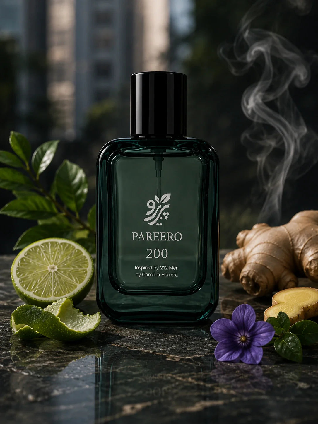 Pareero 200 inspired by 212 Men fragrance image with lime, ginger, violet, green leaves, and incense smoke