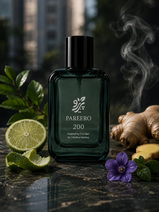 Pareero 200 inspired by 212 Men fragrance image with lime, ginger, violet, green leaves, and incense smoke