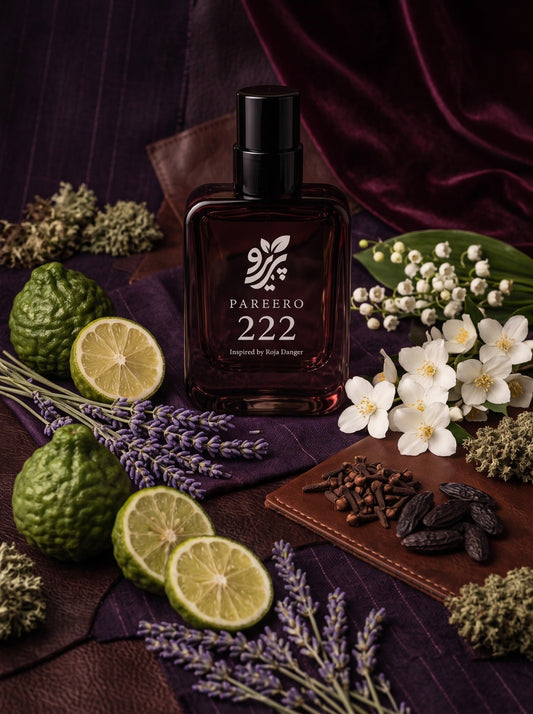 Pareero 222 inspired by Roja Danger fragrance image with bergamot, lavender, florals, clove, tonka, leather, and woods
