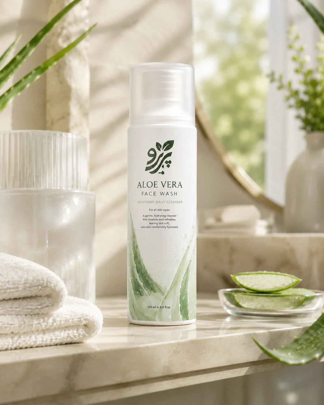 Pareero Aloe Vera Face Wash in a warm bathroom skincare ritual setting
