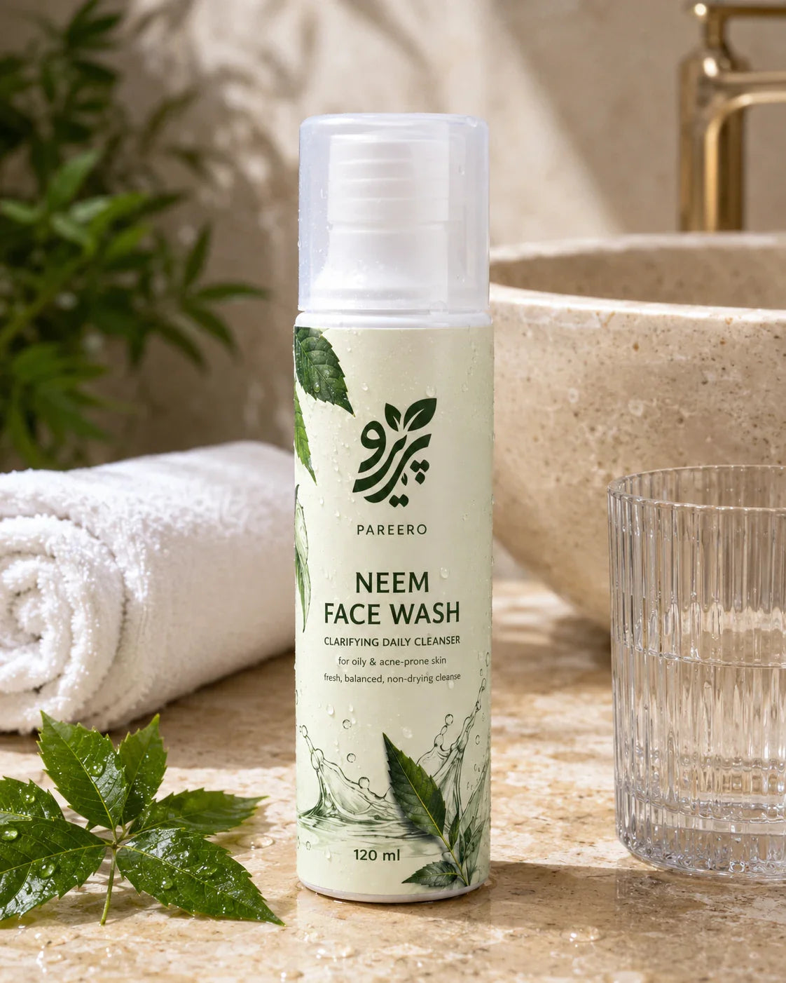 Pareero Neem Face Wash in a warm bathroom cleansing ritual setting