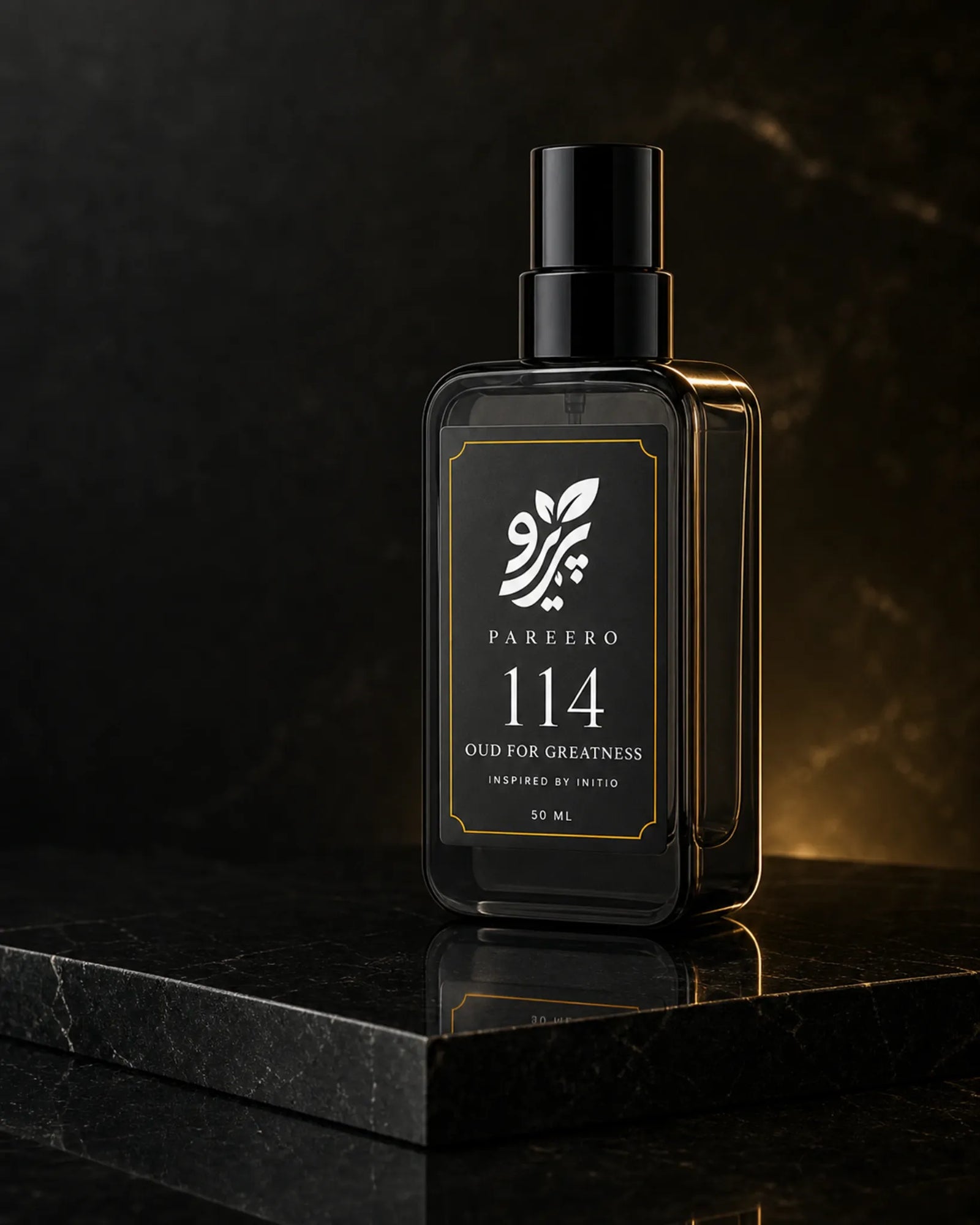 Pareero 114 inspired by Oud for Greatness three-quarter fragrance bottle image with amber rim lighting