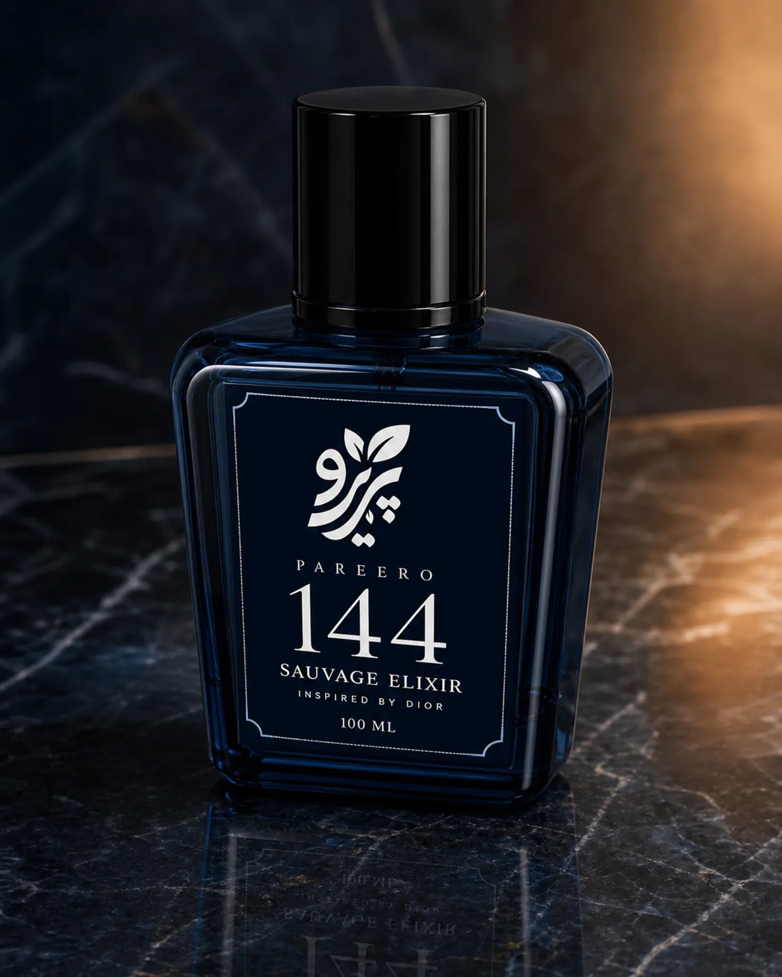 Pareero 144 inspired by Sauvage Elixir three-quarter deep blue glass fragrance bottle image on dark marble