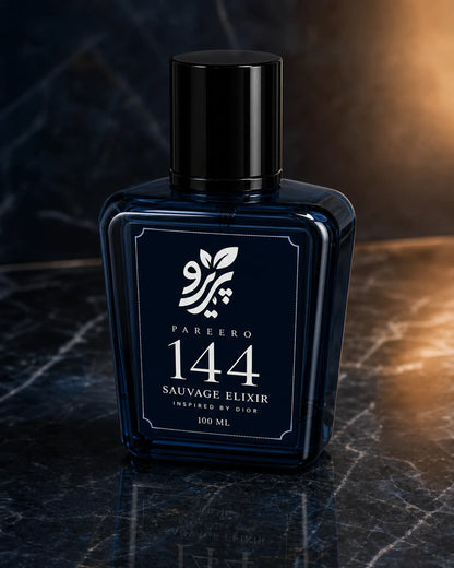 Pareero 144 inspired by Sauvage Elixir three-quarter deep blue glass fragrance bottle image on dark marble
