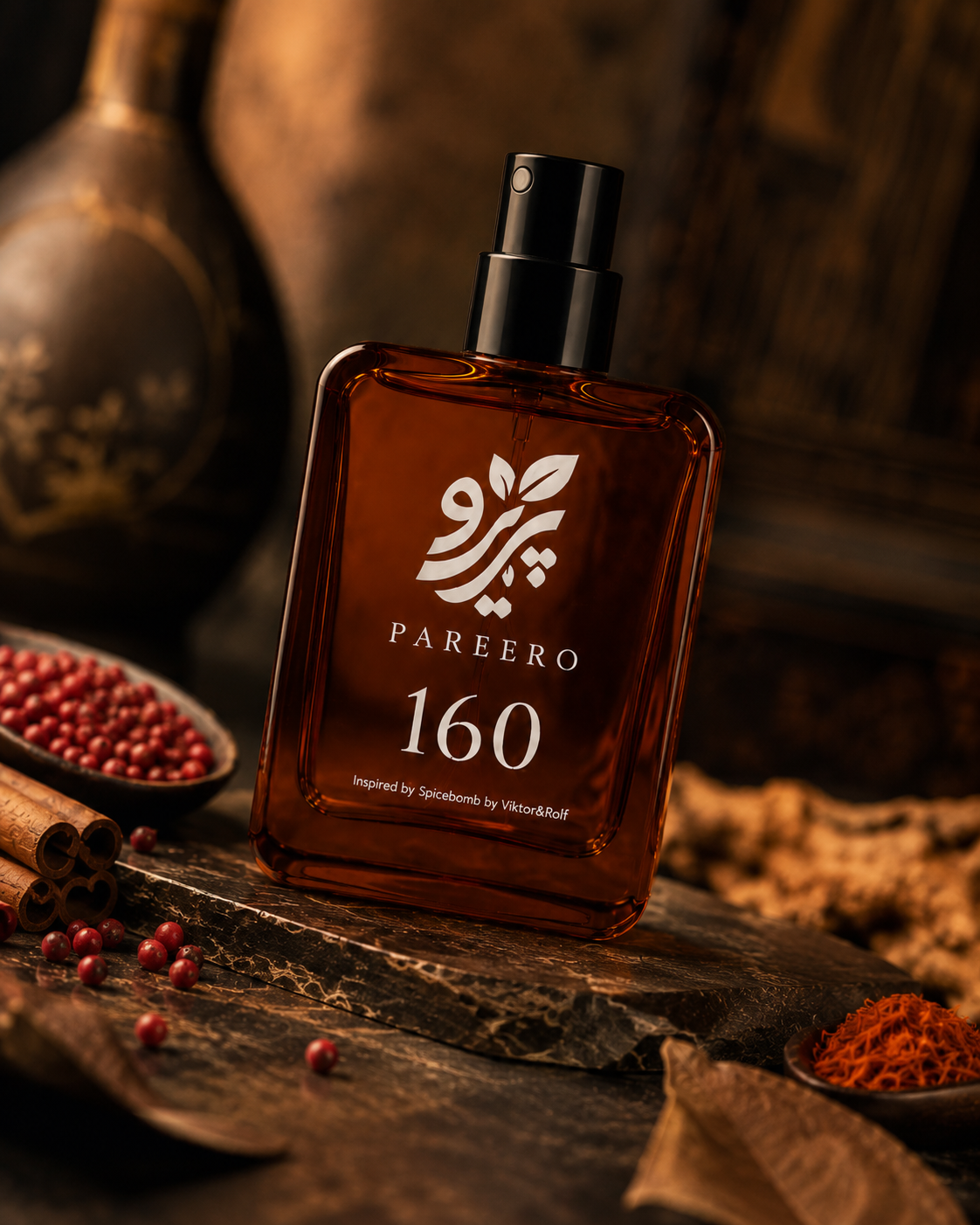 Pareero 160 inspired by Spicebomb fragrance image with cinnamon, pink pepper, saffron, tobacco, leather, and warm spices