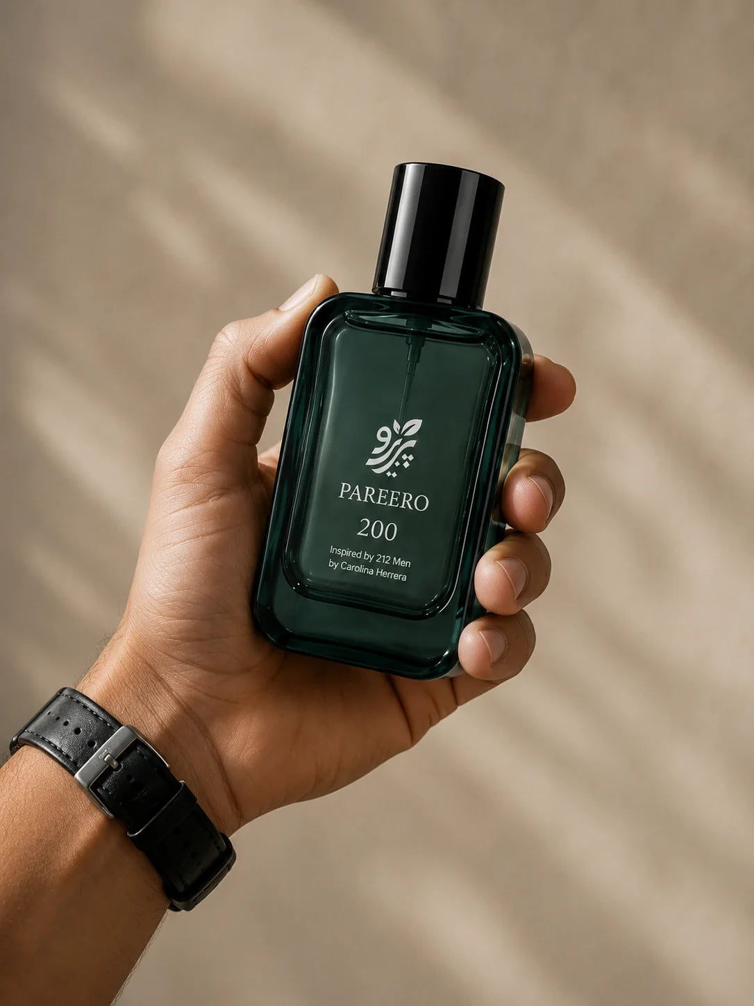Pareero 200 inspired by 212 Men handheld lifestyle fragrance image showing bottle scale and everyday use