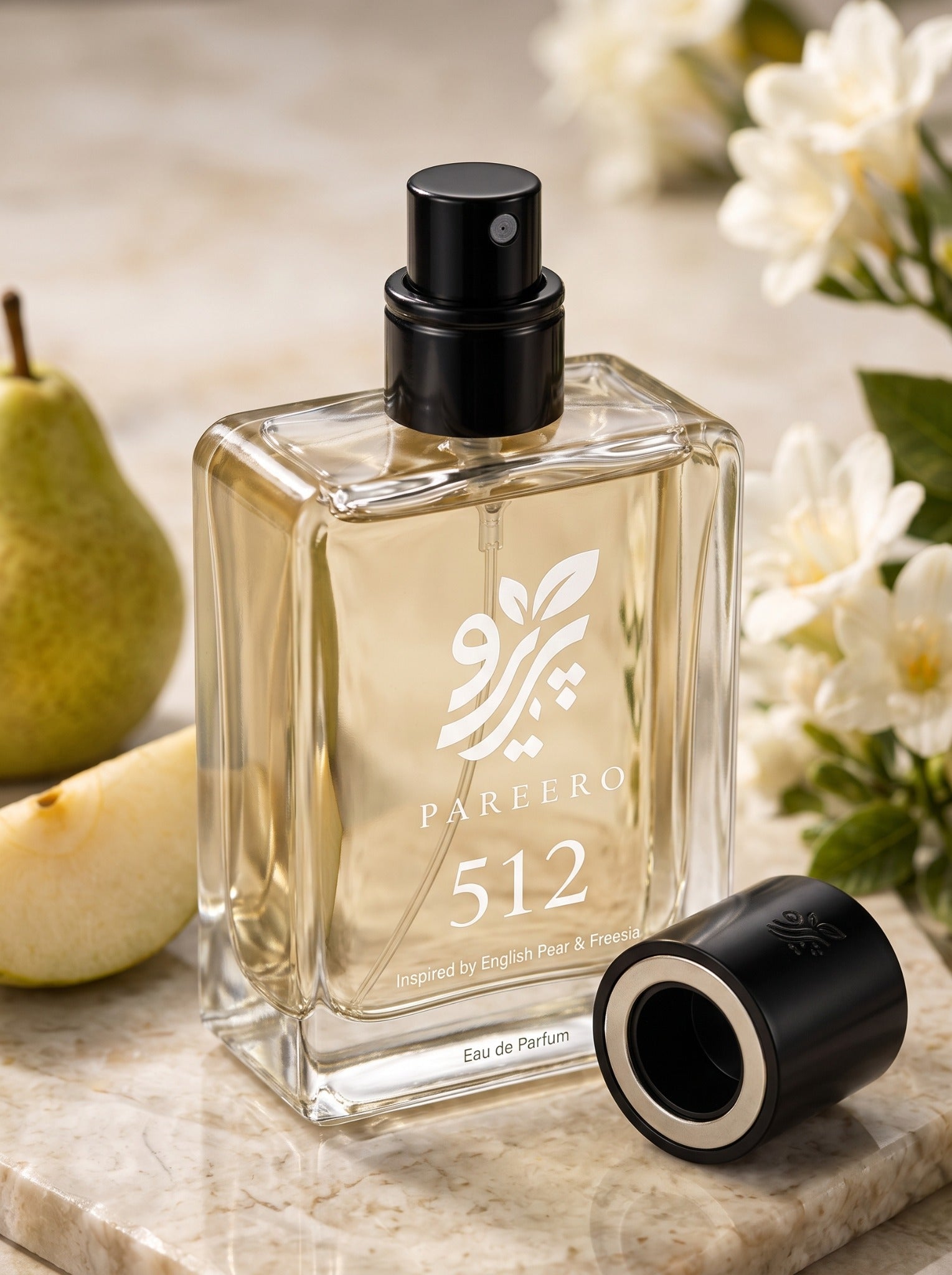 Pareero 512 perfume atomizer and removable cap with pear and freesia styling