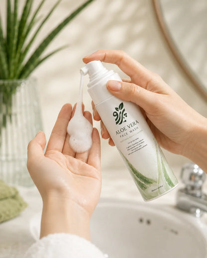 Hands dispensing Pareero Aloe Vera Face Wash foam during daily use