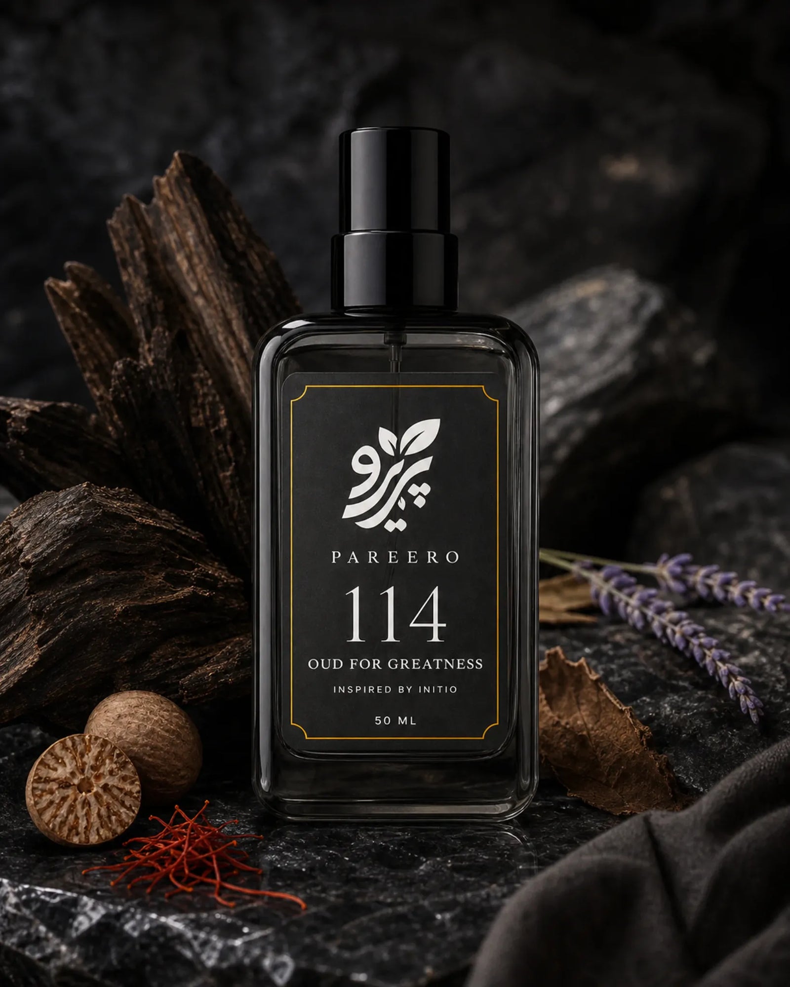 Pareero 114 inspired by Oud for Greatness fragrance image with oud wood, saffron, nutmeg, and lavender notes