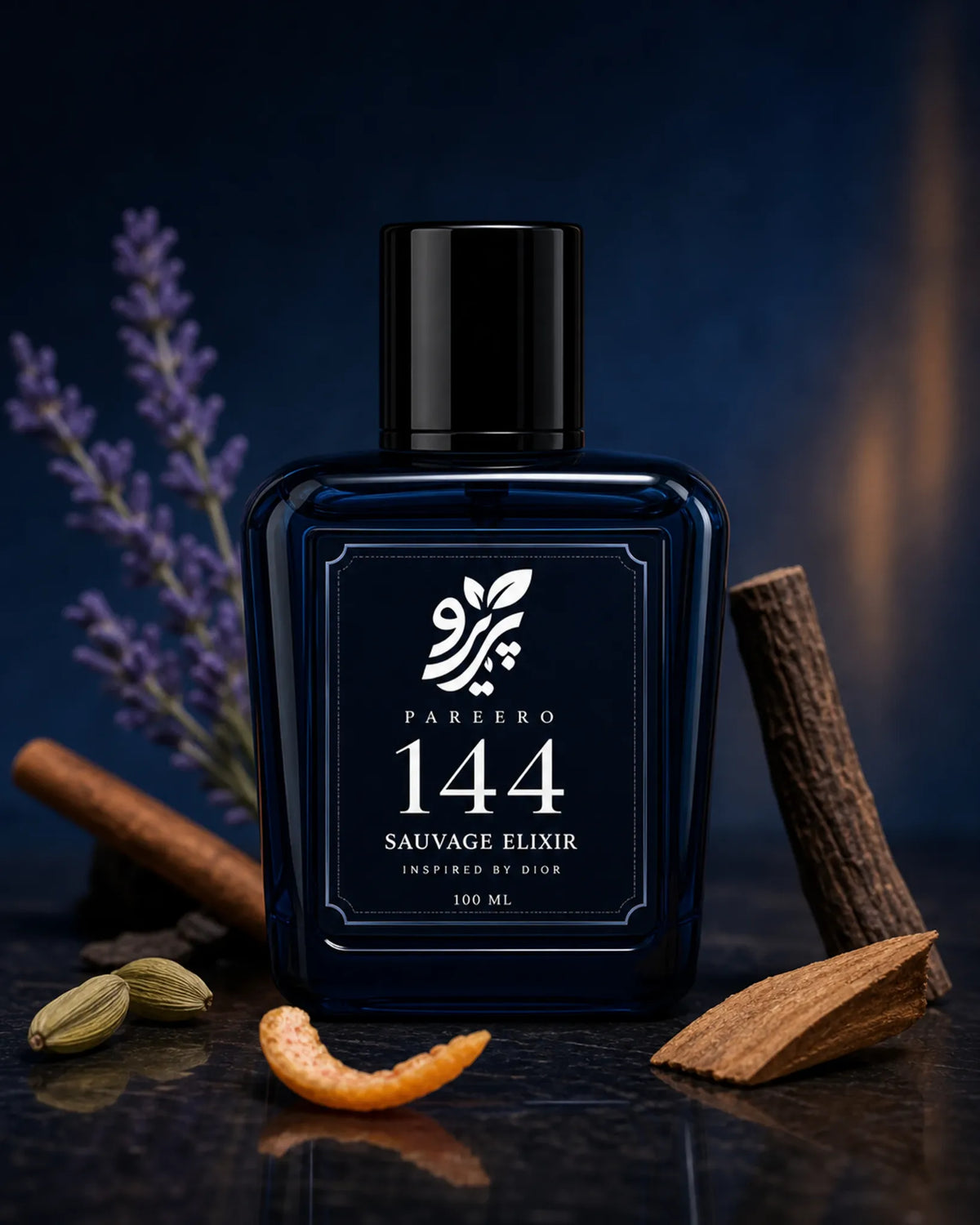 Pareero 144 inspired by Sauvage Elixir fragrance image with cinnamon, cardamom, grapefruit peel, lavender, and sandalwood
