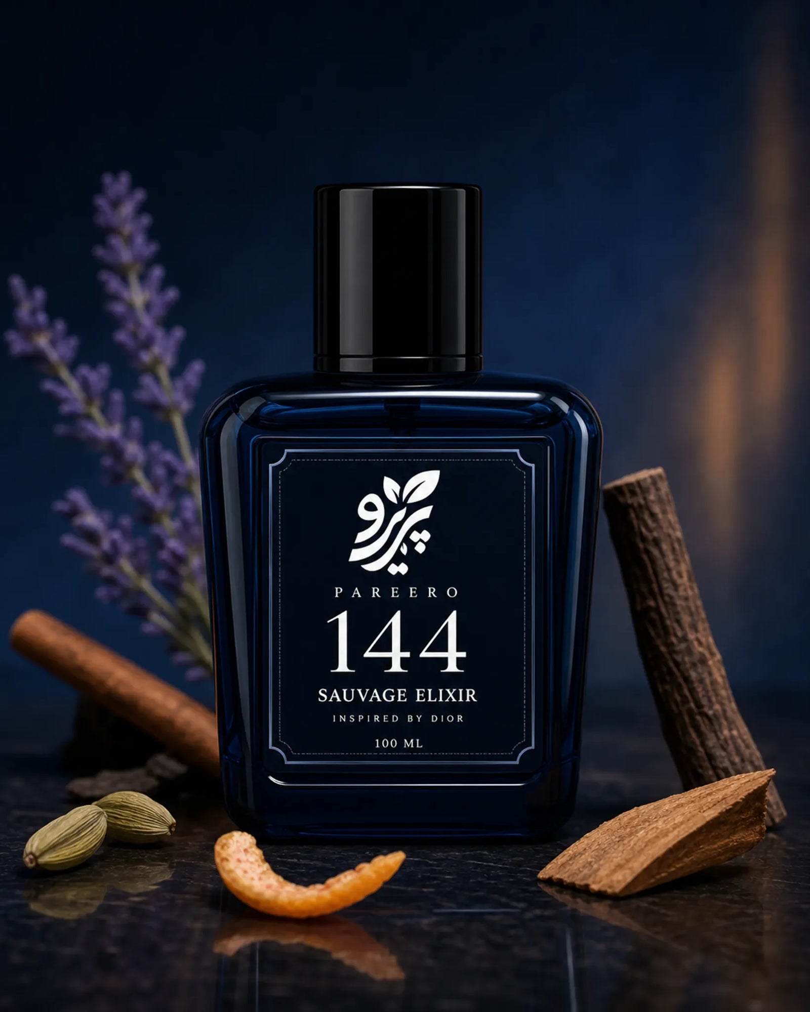 Pareero 144 inspired by Sauvage Elixir fragrance image with cinnamon, cardamom, grapefruit peel, lavender, and sandalwood