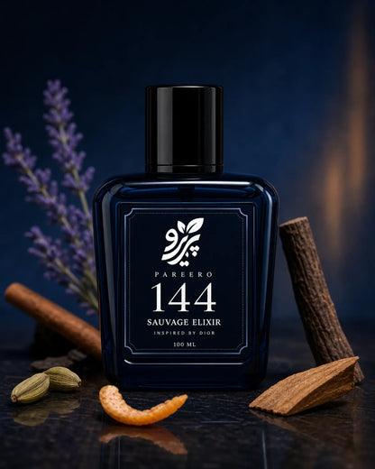 Pareero 144 inspired by Sauvage Elixir fragrance image with cinnamon, cardamom, grapefruit peel, lavender, and sandalwood