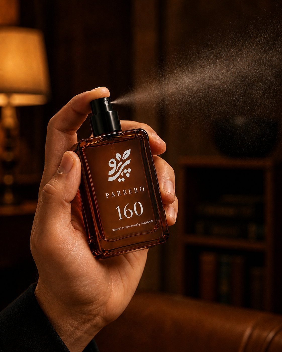 Man spraying Pareero 160 inspired by Spicebomb in a warm amber evening setting